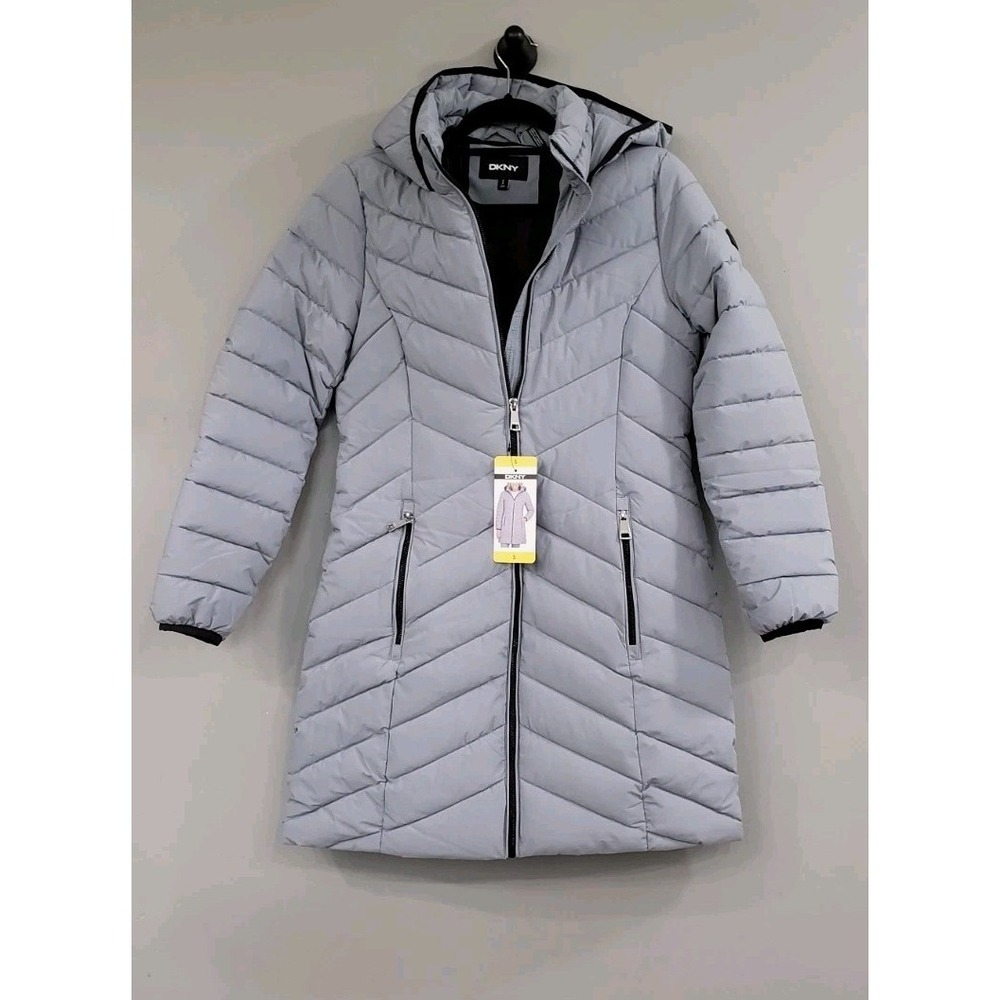 NEW DKNY Women's Gray Hooded Quilted Puffer Jacket Size Small PARKA Long Coat